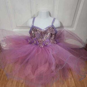 Purple Dress With Sequin And Flower Detail Bodice And Tulle Skirt
